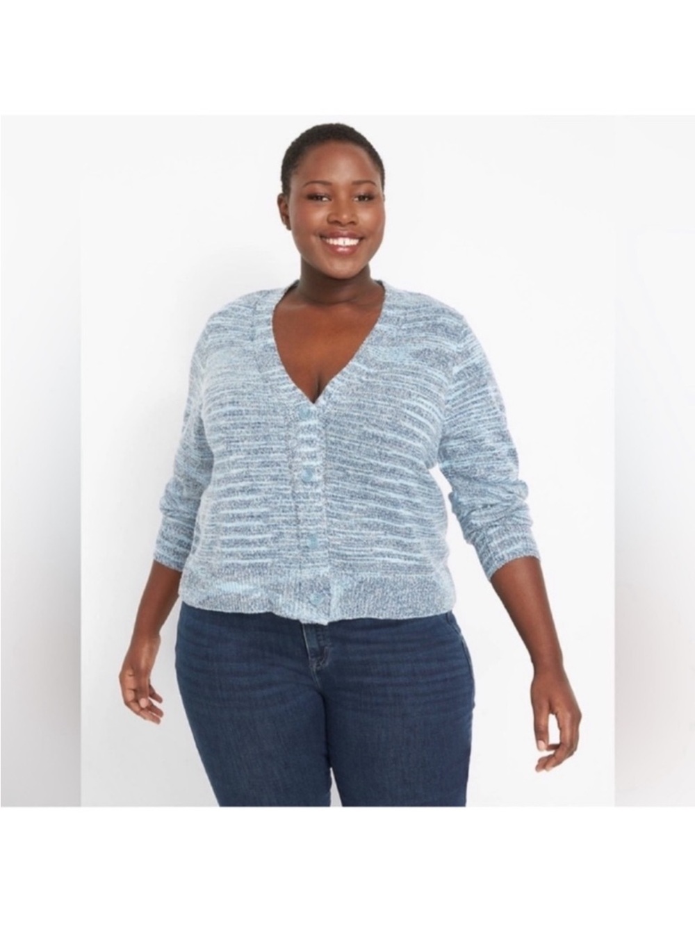 NWT Lane Bryant Knit Sweater Cardigan Sz 22/24 Spacedye Blue white Button down